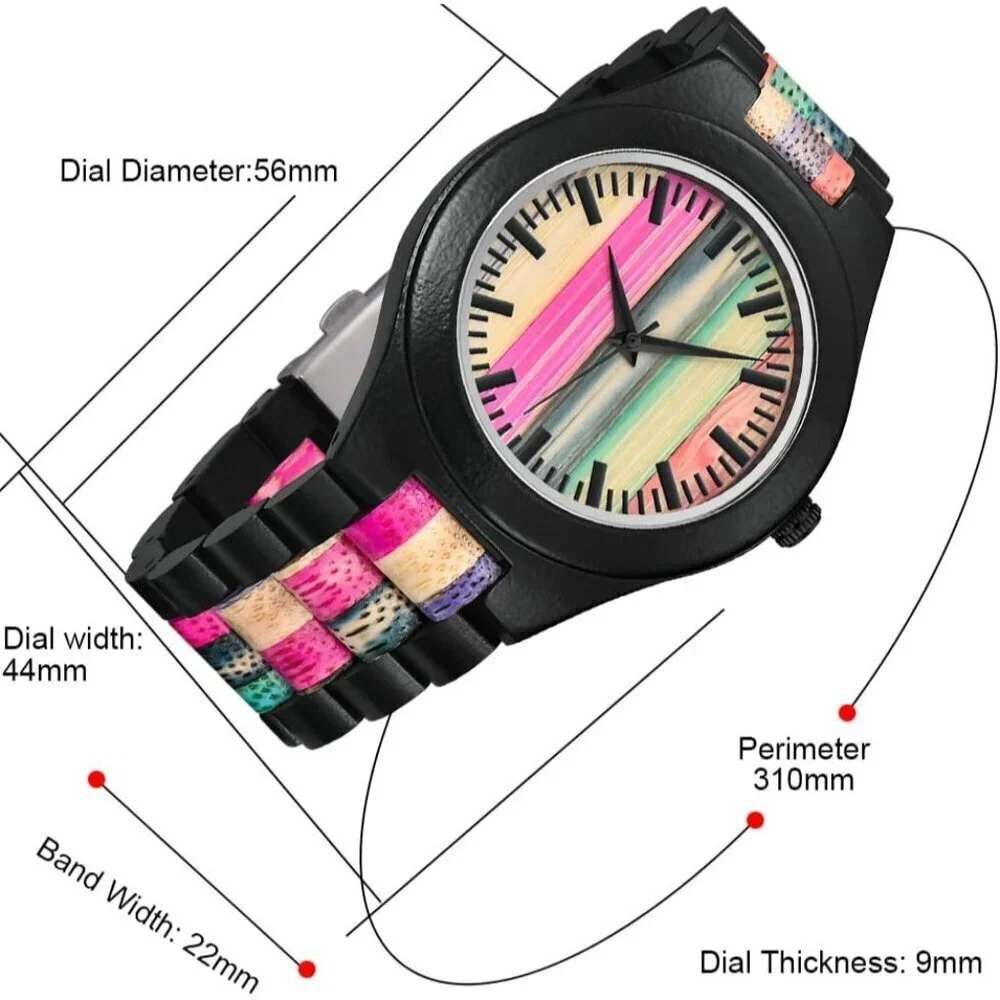 Mens Black Colorful Handmade Colorful Bamboo Engraved Analog Quartz Wooden Watch